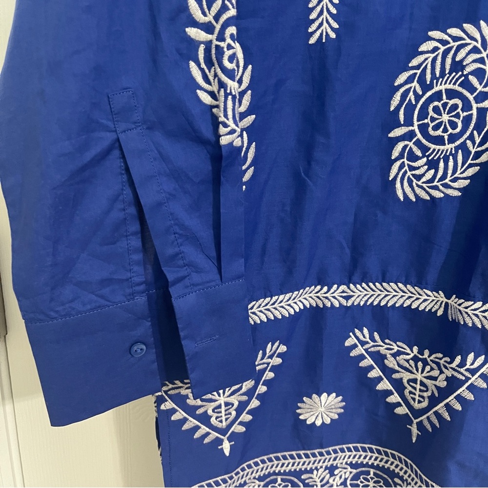 Zara Floral Embroidered Tunic V-Neck Bohemian Blue White Womens size M - Picture 5 of 10